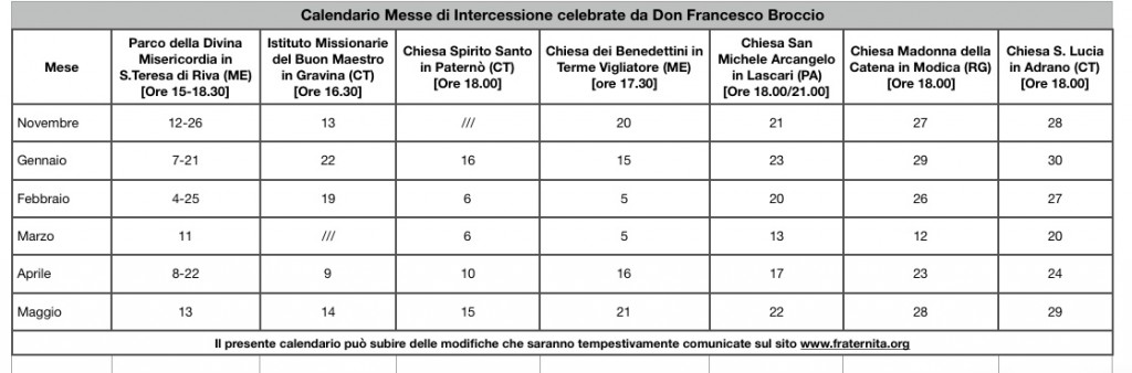 Calendario Messe di Intercessione